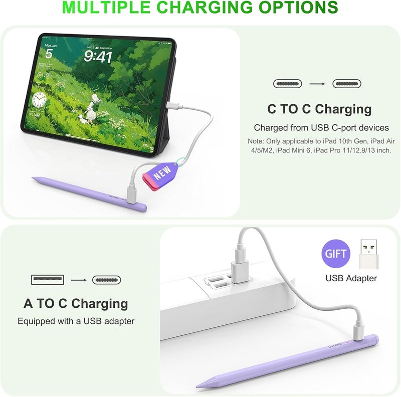 HATOKU Stylus Pen for iPad 2018-2025: 15 Mins Fast Charging Pencil 1 Generation with Tilt Sensitivity Palm Rejection - Work for iPad Air 3 4 5 M2 M3- Pro 11" 12.9" M4 - Mini 5 6 - iPad 6 7 8 9 10 11 (Purple) - Image 4